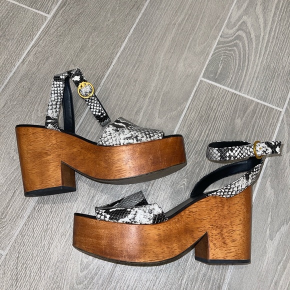 Tory Burch Camillla 100mm Wooden Platform Sandals with Snake Print Sz. W 10 - Picture 1 of 5